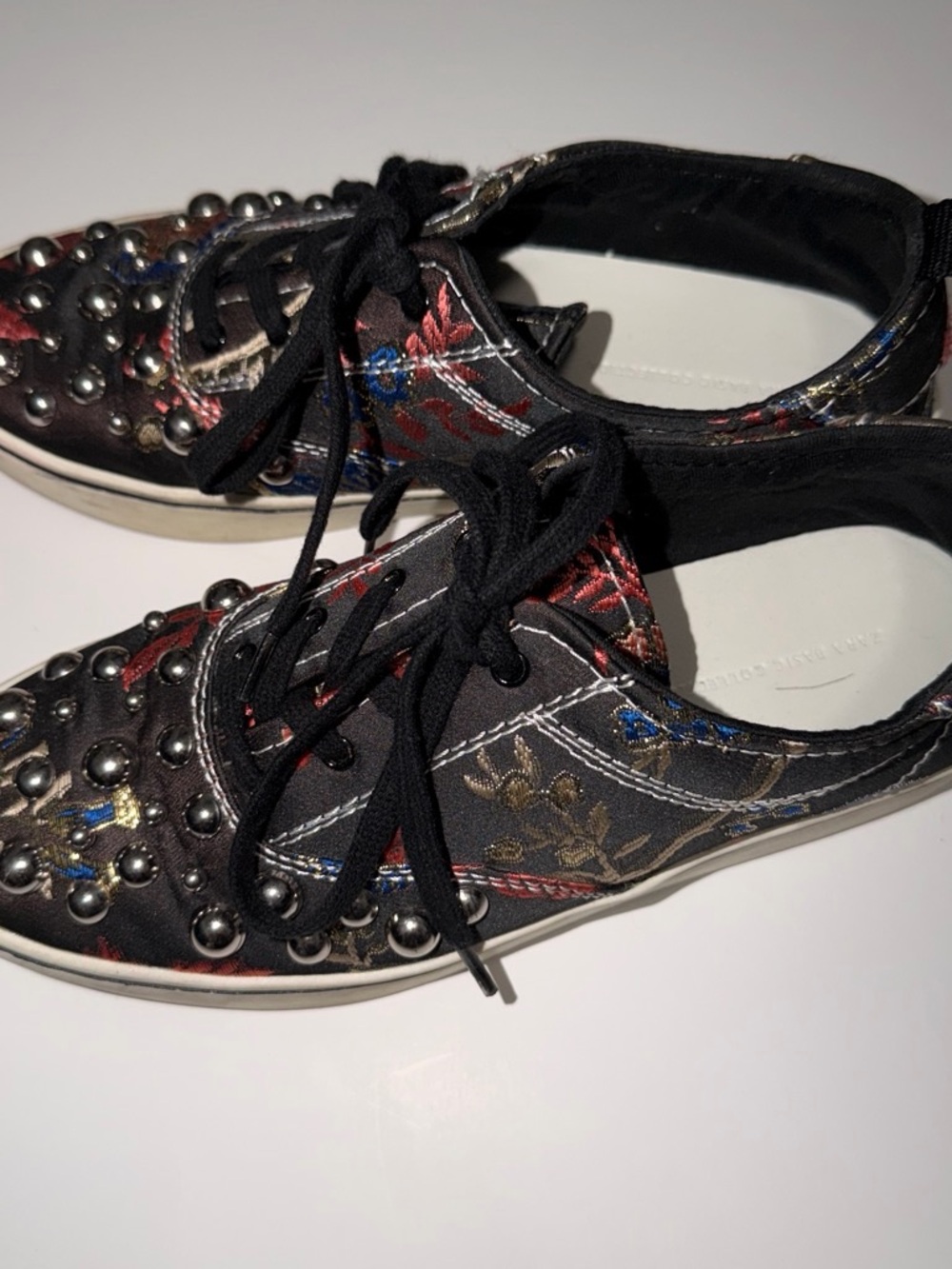 Zara Black Lace-Up Sneakers with Multicolor Embroidery and Studs
